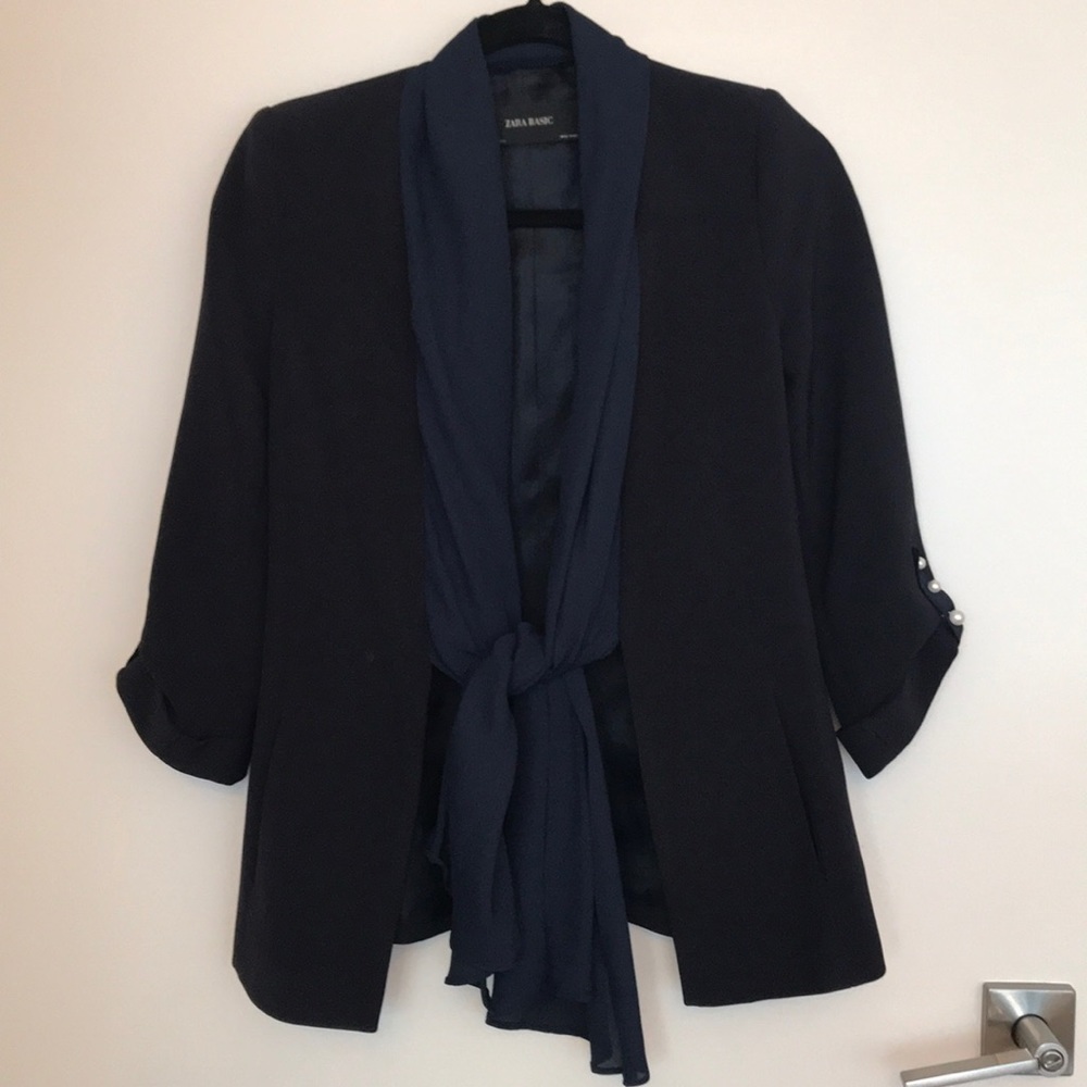 Zara baby blue blazer with chiffon neck tie